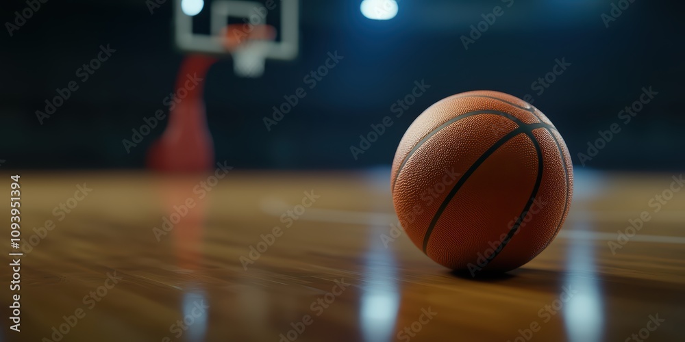 Close-Up of a Basketball on a Polished Court Surface with Blurred Background of a Basketball Hoop in a Dimly Lit Indoor Gymnasium Close-Up of a Basketball on a Polished Court Surface with Blurred Background of a Basketball Hoop in a Dimly Lit Indoor Gymnasium