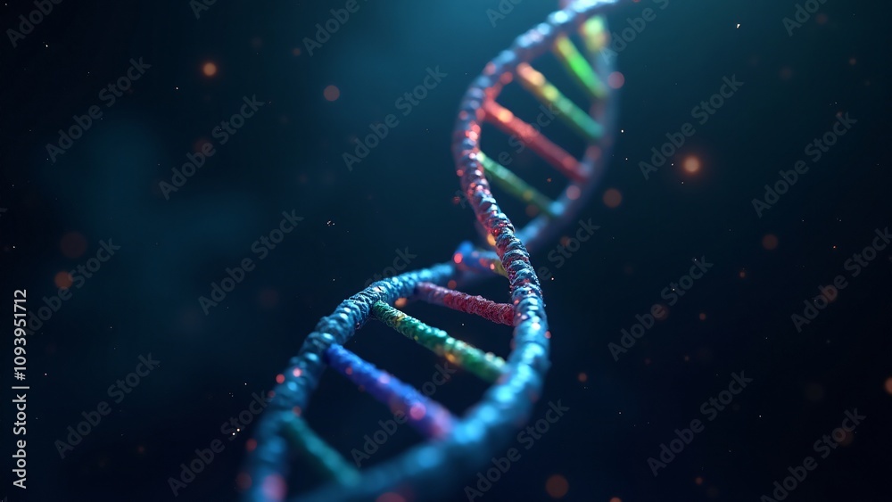 A detailed and artistic representation of a DNA strand glowing with vibrant colors, set against a dark background, ideal for themes of science, genetics, and biotechnology. A detailed and artistic representation of a DNA strand glowing with vibrant colors, set against a dark background, ideal for themes of science, genetics, and biotechnology.