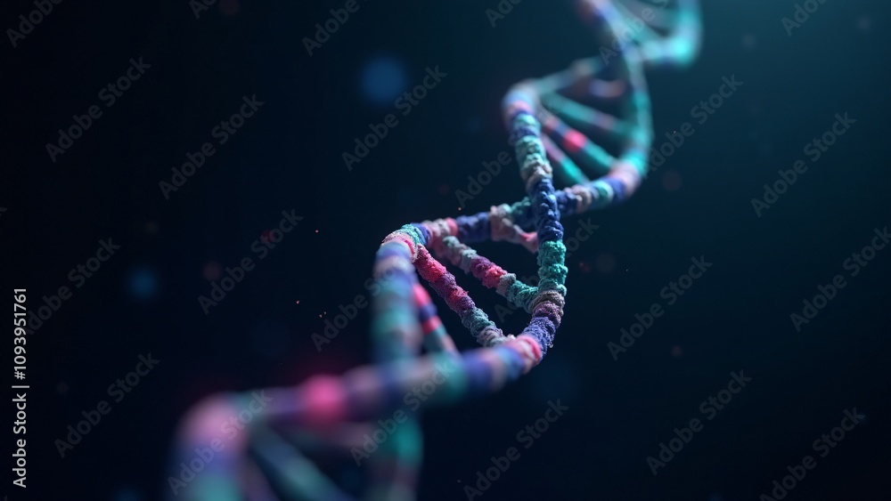 A detailed and artistic representation of a DNA strand glowing with vibrant colors, set against a dark background, ideal for themes of science, genetics, and biotechnology. A detailed and artistic representation of a DNA strand glowing with vibrant colors, set against a dark background, ideal for themes of science, genetics, and biotechnology.