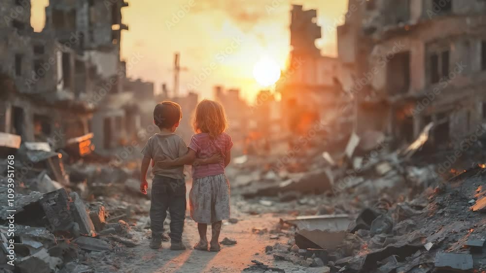 Innocence Amidst the Ruins: Embracing Children in War-Torn Debris 4K Video Innocence Amidst the Ruins: Embracing Children in War-Torn Debris 4K Video