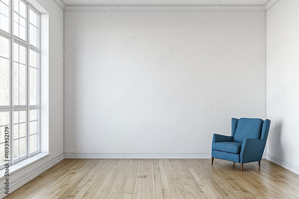 Fototapeta premium A single blue armchair sits in the corner of a white room with hardwood floors and a large window.