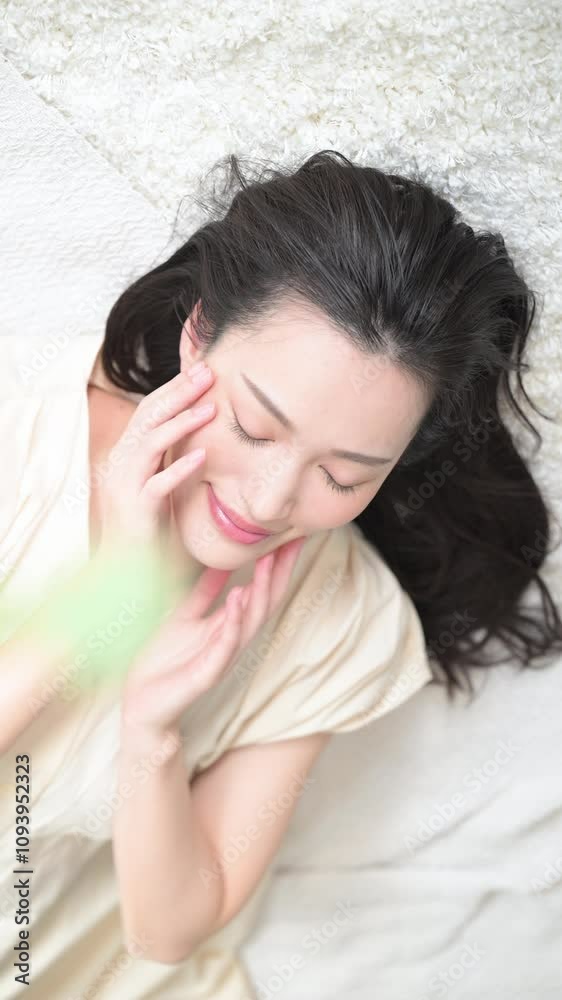 スキンケアを気にする美しい肌の女性のクローズアップ 素肌感や肌感のある美容やビューティーの美しいイメージの俯瞰の縦動画 スキンケアを気にする美しい肌の女性のクローズアップ 素肌感や肌感のある美容やビューティーの美しいイメージの俯瞰の縦動画