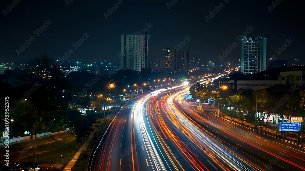 A long exposure shot of a highway at night with blurred lights creating streaks of color. A long exposure shot of a highway at night with blurred lights creating streaks of color.
