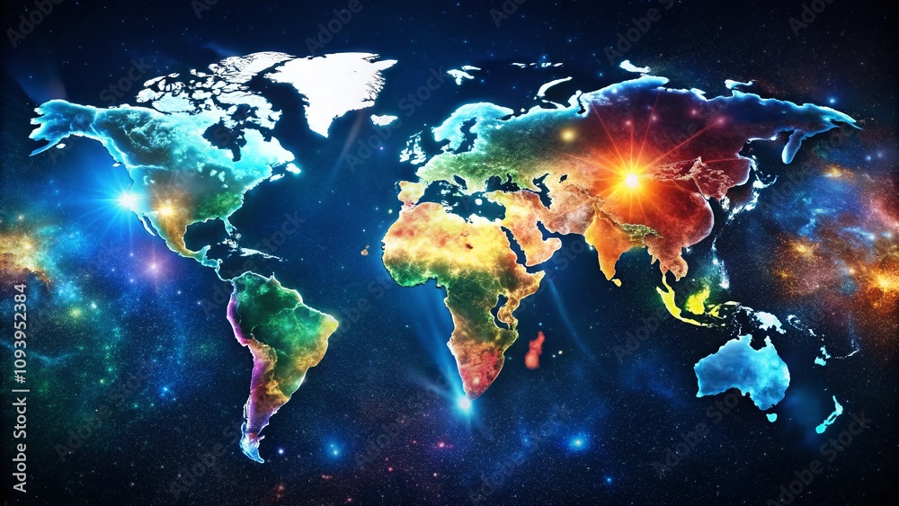 Night Photography of a World Map Illuminated by Continents with America at the Center, Showcasing Vibrant Colors and Geographical Details in a Stunning Visual Display Night Photography of a World Map Illuminated by Continents with America at the Center, Showcasing Vibrant Colors and Geographical Details in a Stunning Visual Display