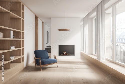 A minimalist living room with a fireplace, large windows, and a blue armchair.