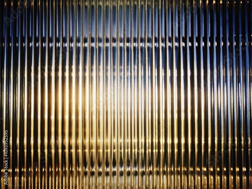 Reeded Glass Window. Silver, Chrome Colors. Empty bar billboard for office concept. Gray Ribbed Background. Blurry aesthetic on clean mirror for backdrop.