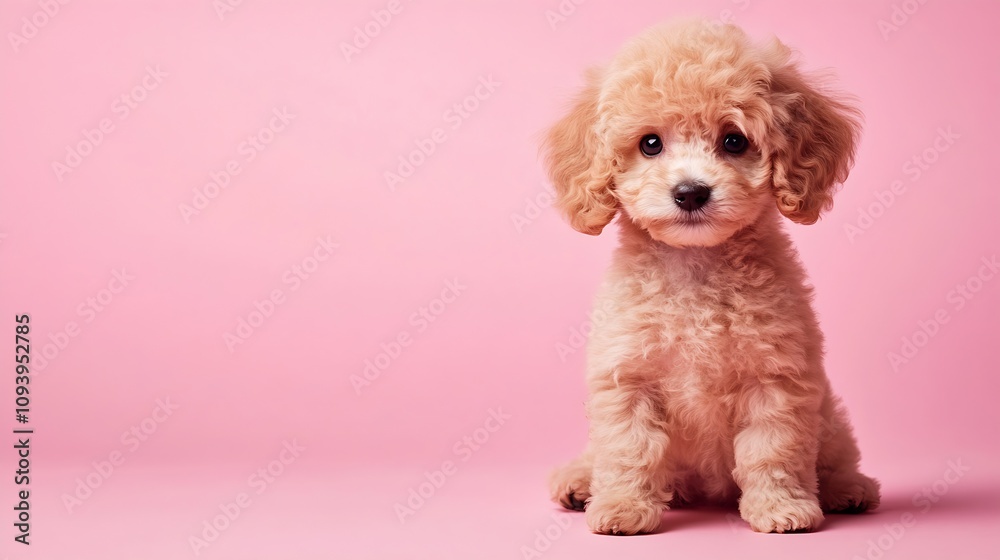 Fluffy Toy Poodle Dog with Curly Hair Sitting Against Pink Background : Generative AI Fluffy Toy Poodle Dog with Curly Hair Sitting Against Pink Background : Generative AI