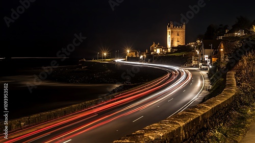 A long exposure shot of a road winding past an old stone building at night, with the lights of cars creating streaks of light.