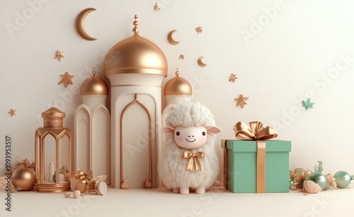 Eid Celebration Background with Sheep Gift Lantern Crescent Moon Islamic Decoration Islamic Holiday photo