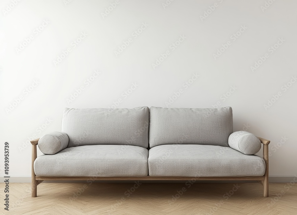 Fototapeta premium A minimalist living room with a light grey sofa and wooden frame, a white wall and a wooden herringbone floor.