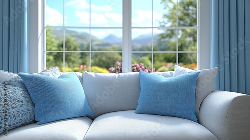 Bright living room sofa with blue pillows, scenic window view.