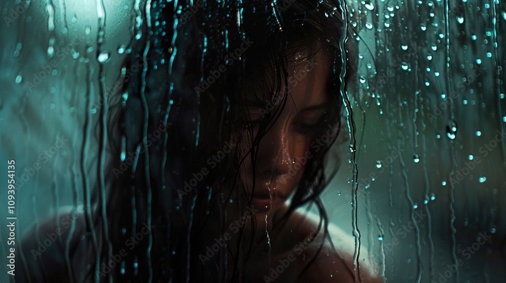 Fototapeta premium Woman Looking Down Through a Rainy Window - A Melancholy Portrait