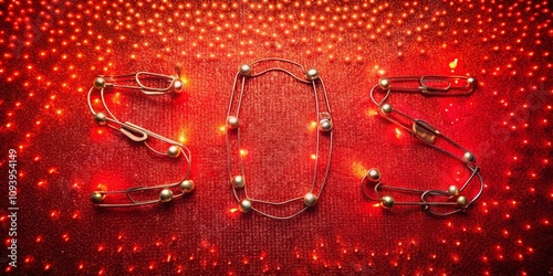 Night Photography of SOS Word Formed with Safety Pins on a Bold Red Background, Capturing Emergency Signals in a Creative Artistic Style photo