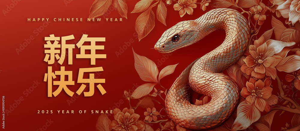 Obraz premium Elegant snake surrounded by intricate floral patterns on a vibrant red background, Happy Chinese New Year, Year of Snake, Chinese New Year 2025
