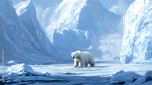 A lone polar bear walking across a frozen expanse surrounded by towering icebergs, showcasing the Arctic cold. 