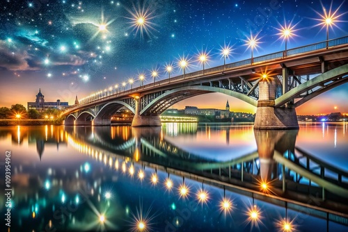 Nighttime Serenity: Theodor Heuss Bridge Illuminated Over Water in a Dreamlike City Scene with Reflections and Stars Enhancing the Urban Landscape's Beauty photo