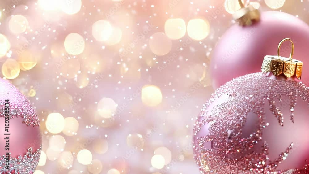Beautiful Christmas Baubels. Pastel Pink and Gold Seasonal Background. 4K Video