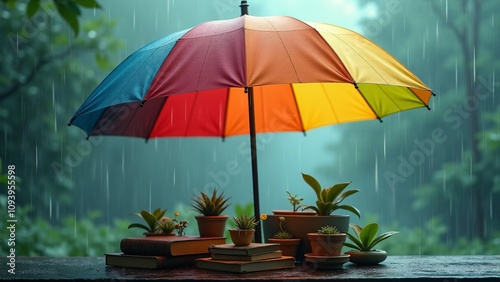 Wallpaper Mural A vibrant umbrella protecting potted plants, books, and a small figurine in the rain, set in a serene forest, symbolizing growth, knowledge, and resilience in nature. Torontodigital.ca