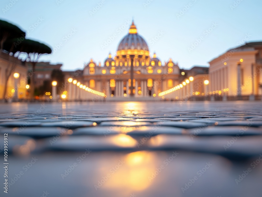 Fototapeta premium beautiful architectural view at dusk with illuminated dome and cobblestone foreground