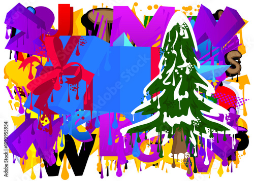 Gift box and pine tree graffiti tag. Abstract modern street art decoration performed in urban painting style.