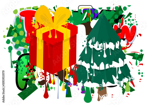 Gift box and pine tree graffiti tag. Abstract modern street art decoration performed in urban painting style.