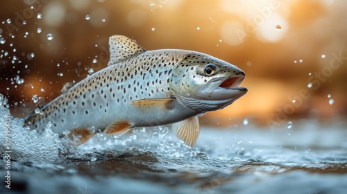 Brown trout leaping from river water at sunset.