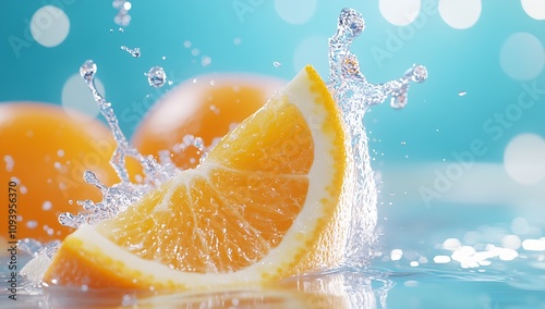 Citrus slice creating energizing splash in water with lively blue bokeh background : Generative AI photo