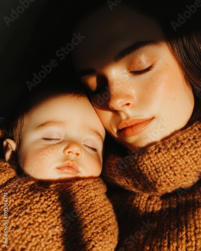 A mother holding her sleeping baby. photo