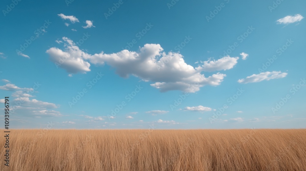 vast landscape with golden grass under a blue sky and fluffy clouds vast landscape with golden grass under a blue sky and fluffy clouds
