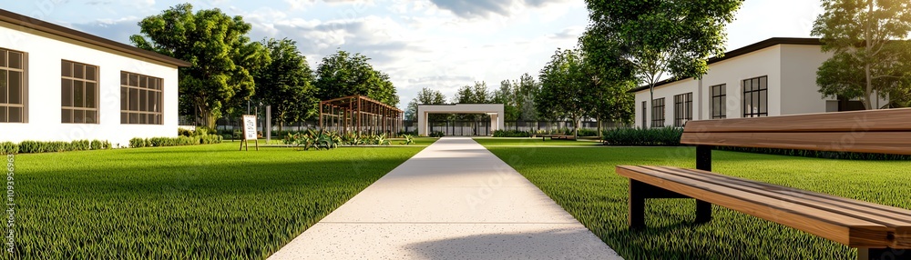 A serene pathway through a landscaped area, featuring modern buildings and lush greenery, inviting relaxation. A serene pathway through a landscaped area, featuring modern buildings and lush greenery, inviting relaxation.