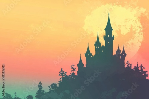 A Majestic Castle Silhouette Against a Colorful Sunset, Towering Over a Lush Forest, Evoking Dreams of Adventure and Enchantment