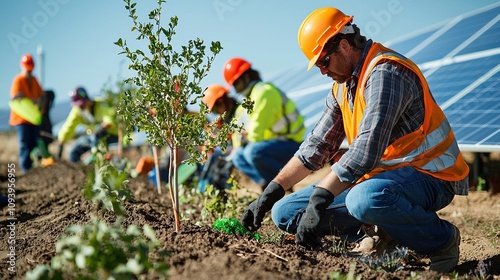 People planting crops in solar farm during sunny day in rural setting with blue skies and green trees