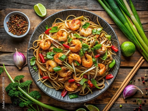 Overhead View of a Delicious Plate of Malaysian Char Kway Teow Noodles with Fresh Ingredients and Vibrant Colors Captured in an Urban Exploration Photography Style photo