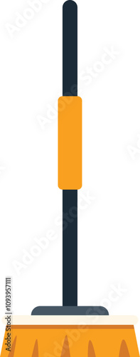 Push broom standing upright with a long handle and yellow bristles on a white background