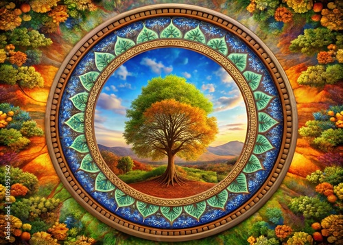 Panoramic Abstract Emblem of a Symbolic Tree Representing Nature's Diversity and Harmony in a Vividly Colored Design for Modern Artistic Interpretations and Environmental Themes photo