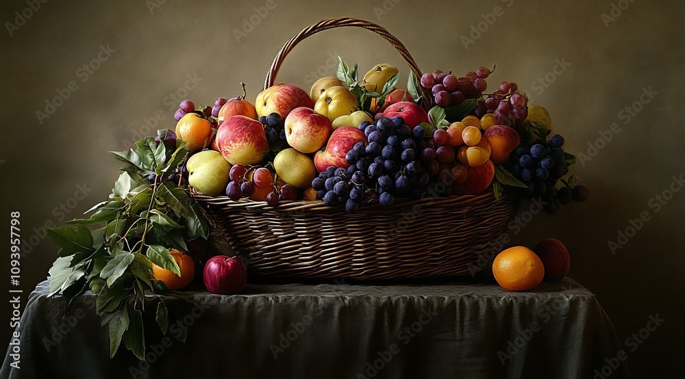 A wicker basket overflowing with an assortment of fresh fruit, including red and green grapes, apples, peaches, and oranges, set on a draped table against a muted brown background. A wicker basket overflowing with an assortment of fresh fruit, including red and green grapes, apples, peaches, and oranges, set on a draped table against a muted brown background.