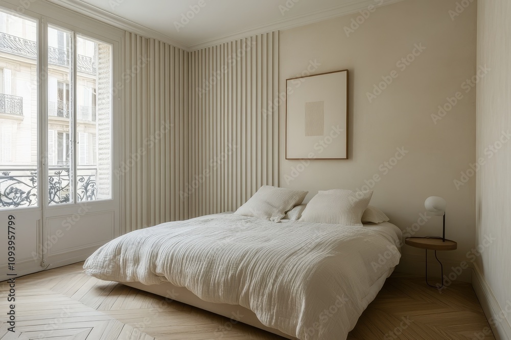 Fototapeta premium A minimalist bedroom with a large window, a bed with white linens, a side table with a lamp, and a framed print on the wall. The walls are painted in a light beige color and the floor is made of wood.
