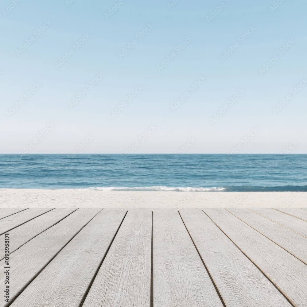 serene beach view with wooden deck and calm ocean waves serene beach view with wooden deck and calm ocean waves