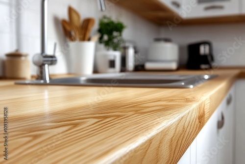 modern kitchen countertop with wooden finish and sink