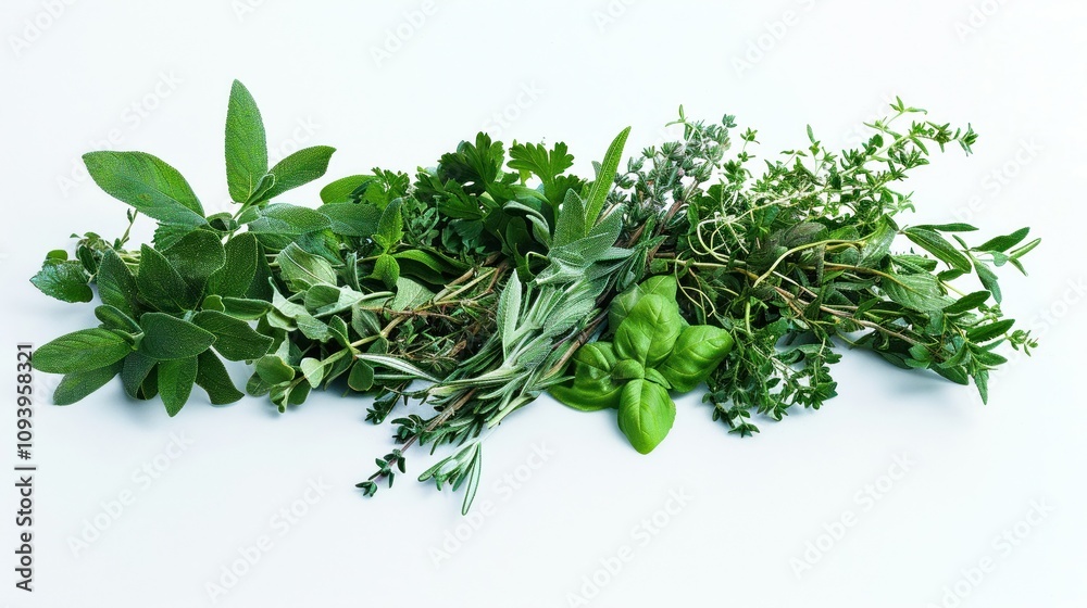 A mix of common and exotic herbs loosely displayed and isolated on a stark white background A mix of common and exotic herbs loosely displayed and isolated on a stark white background