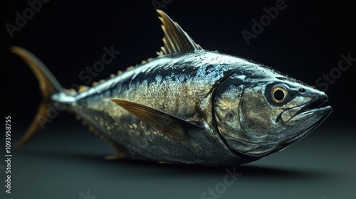 Close-up of a sleek, metallic-looking tuna fish on a dark background. photo