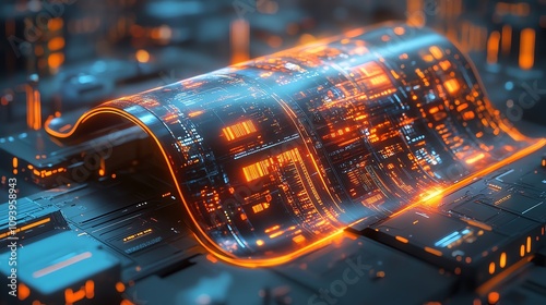 A futuristic, glowing, flexible circuit board with intricate patterns and glowing circuits. photo