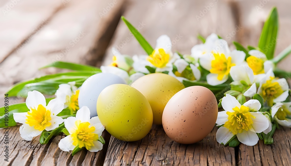 spring flowers and eggs on a wooden table spring flowers and eggs on a wooden table