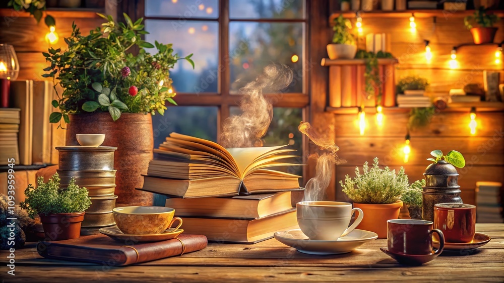 Panoramic View of an Elegant Table Displaying a Collection of Books Surrounded by Cozy Decor, Perfect for a Book Lover's Nook or Reading Room Setting Panoramic View of an Elegant Table Displaying a Collection of Books Surrounded by Cozy Decor, Perfect for a Book Lover's Nook or Reading Room Setting