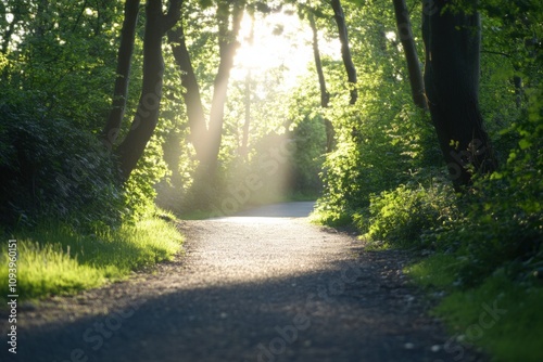 serene pathway through a sunlit forest with lush greenery