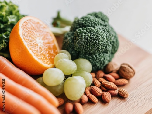 fresh fruits and vegetables on a wooden surface