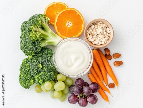 healthy food arrangement with fruits, vegetables, and yogurt for a balanced diet