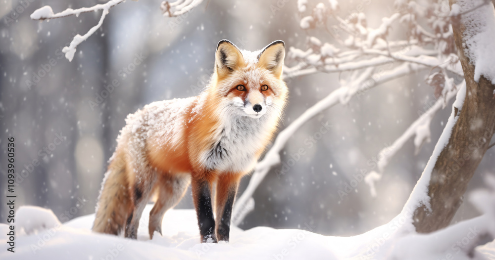 Snowy winter landscape features a red fox standing in a serene forest, highlighting its striking orange fur and sharp features against a backdrop of falling snow Snowy winter landscape features a red fox standing in a serene forest, highlighting its striking orange fur and sharp features against a backdrop of falling snow