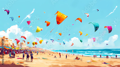 Colorful kite festival at the beach celebrating indias independence day in august. Colorful Kite Festival. Illustration