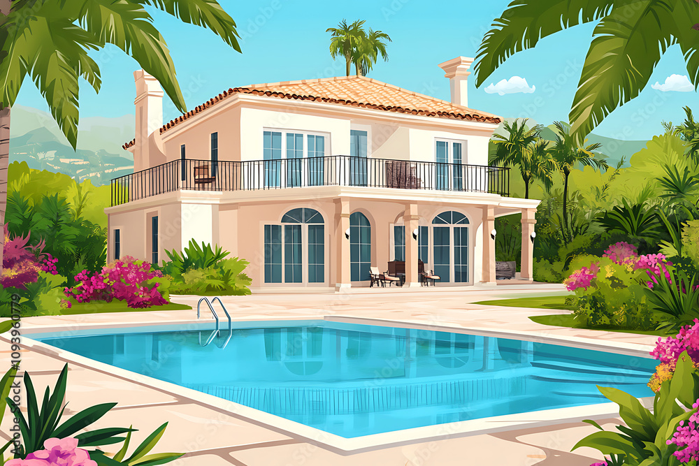 Fototapeta premium A beautiful villa with a pool surrounded by lush greenery and colorful flowers.